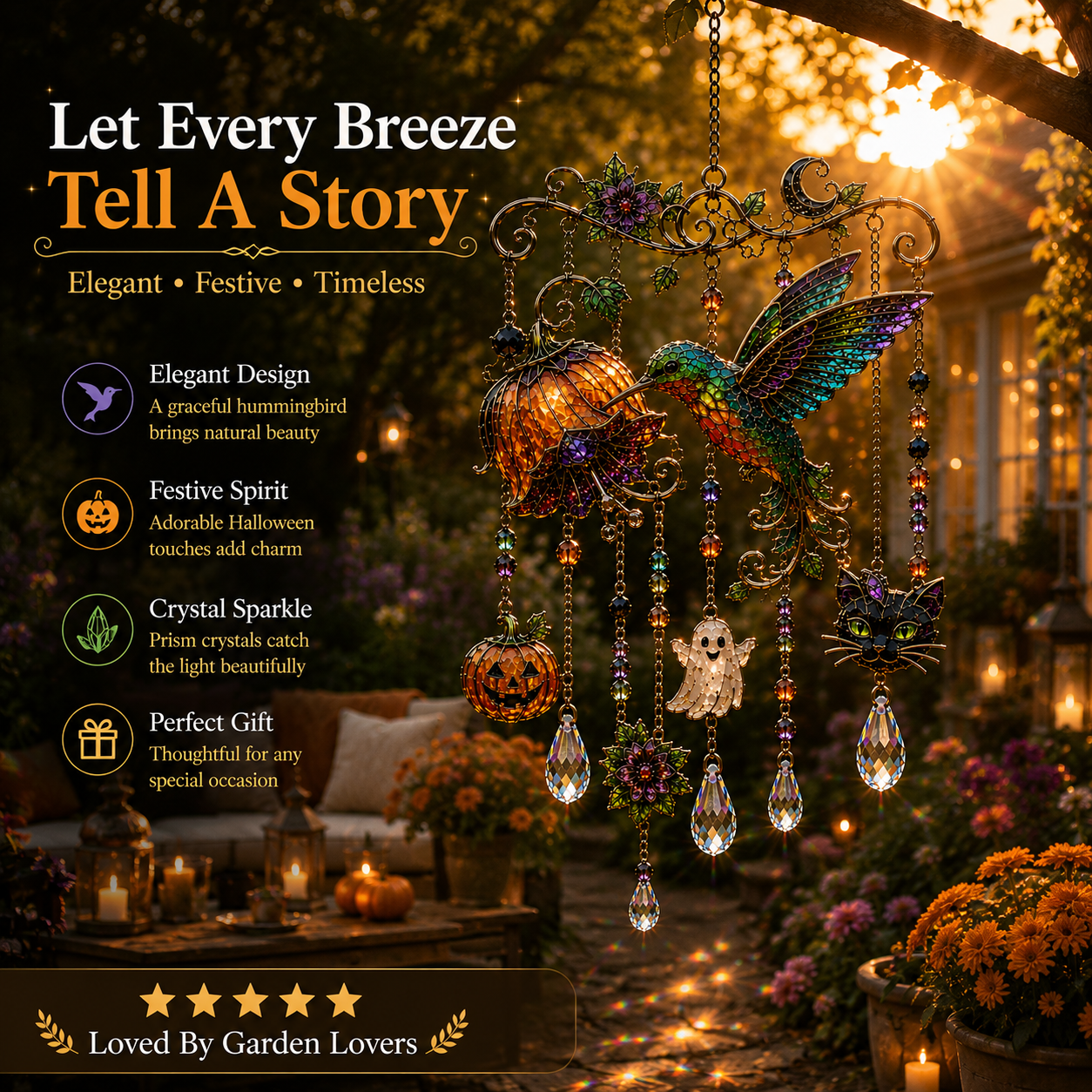 ๐ Halloween Hummingbird Wind Chime | Crystal Garden Hanging Decor