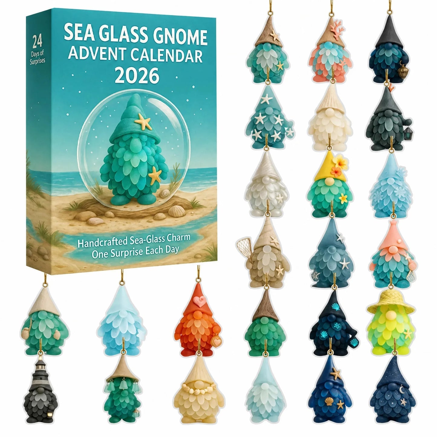🌊🧝♂️ Sea Glass Gnome Advent Calendar 2026 | 24 Coastal Gnome Charms for Christmas Countdown, Tree Decor & Holiday Gifts 🎄✨