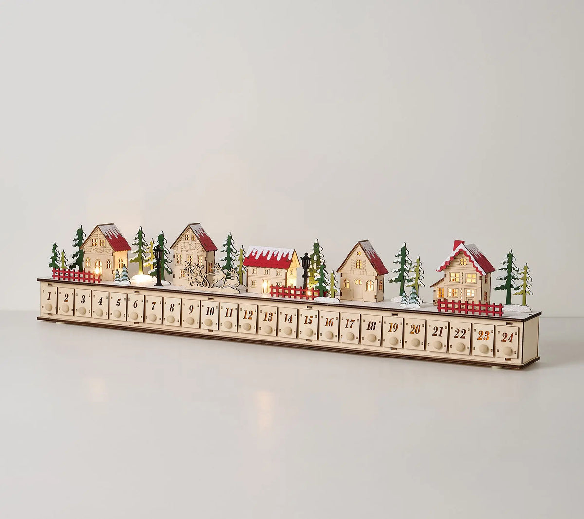 Light-Up Wooden Christmas Village Advent Calendar with 24 Fillable Drawers, LED Holiday Countdown Decoration for Family Holiday Decor