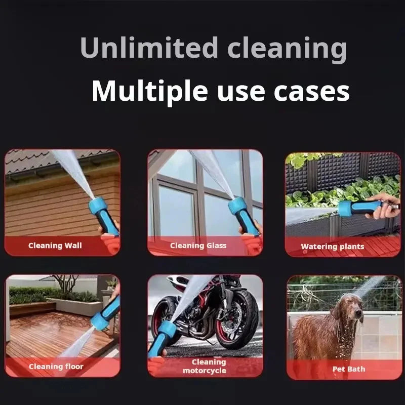 Spray nozzle use cases including walls, windows, plants, floors, motorcycles and pets