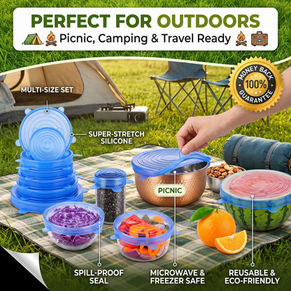 Universal Reusable Silicone Lids – 6-Pack Self-Sealing Food Covers for Various Container Sizes