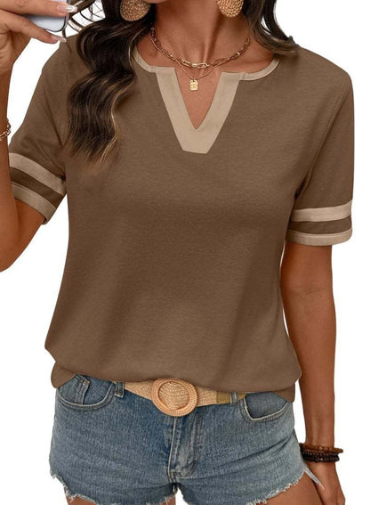 2026 Spring/Summer Women's Casual Colorblock V-Neck T-Shirt - White with Black Trim, Short Sleeve Loose Fit Top with Striped Cuffs, Breathable Cotton Blend