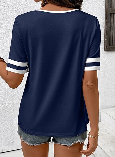 2026 Spring/Summer Women's Casual Colorblock V-Neck T-Shirt - White with Black Trim, Short Sleeve Loose Fit Top with Striped Cuffs, Breathable Cotton Blend