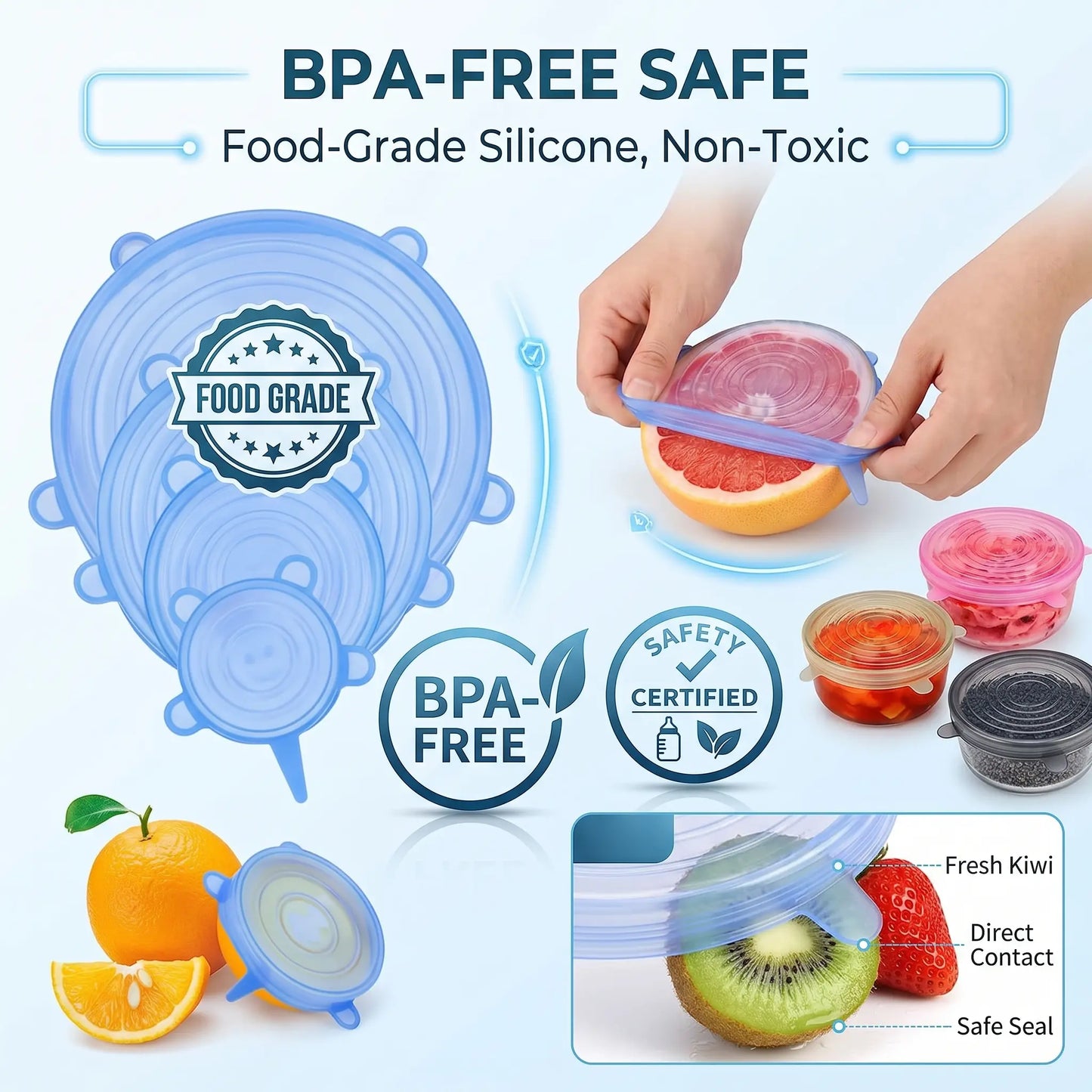 Universal Reusable Silicone Lids – 6-Pack Self-Sealing Food Covers for Various Container Sizes