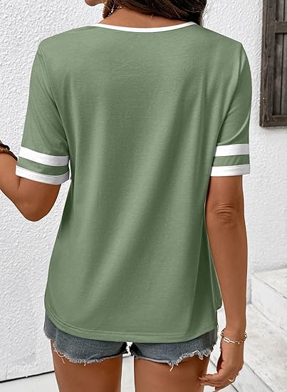2026 Spring/Summer Women's Casual Colorblock V-Neck T-Shirt - White with Black Trim, Short Sleeve Loose Fit Top with Striped Cuffs, Breathable Cotton Blend