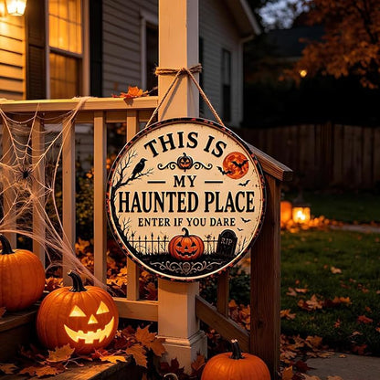 "This Is My Haunted Place" Fun Halloween 2-Piece,Round Hanging Sign & Cute Spooky Doormat
