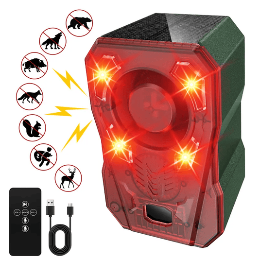 Solar Powered Outdoor Animal Repeller, 130dB Motion Sensor Alarm with Strobe Light, Custom Voice Recording, IP65 Waterproof Wildlife Deterrent for Farm, Yard, Garden, Driveway