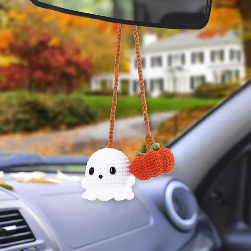🎃👻Crochet Halloween Car Accessories - Handmade Ghost & Pumpkin Hanging Ornament for Rear View Mirror