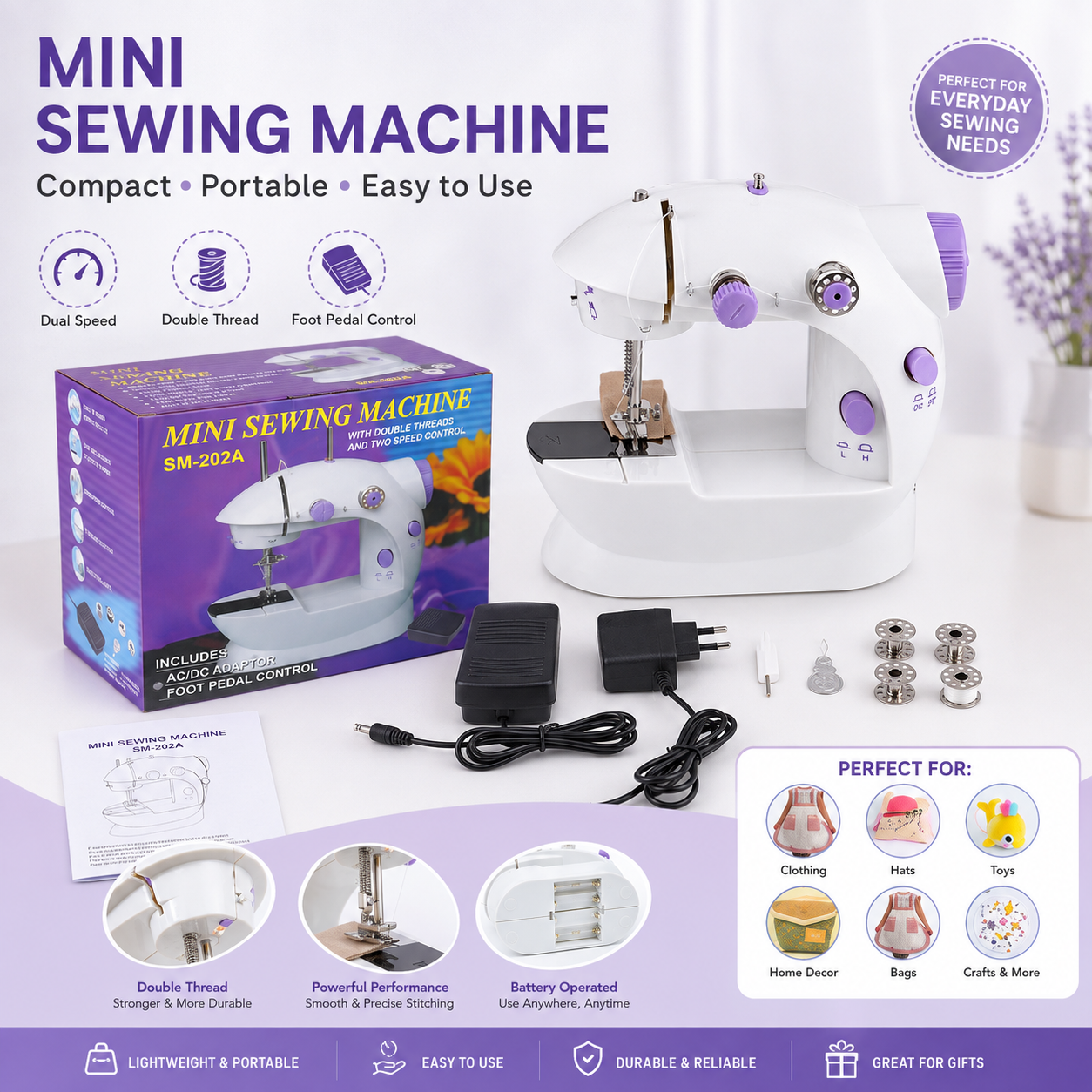 Woman creating a small DIY fabric pouch with a compact mini sewing machine