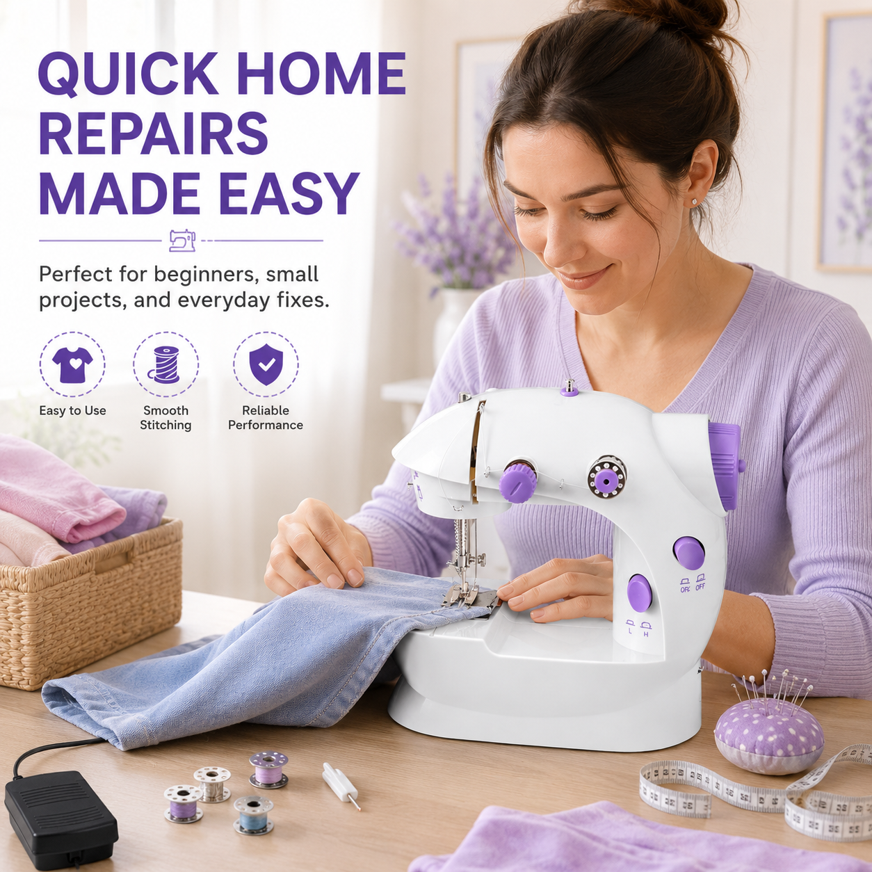 Mini sewing machine set with foot pedal, power adapter, bobbins and instruction manual