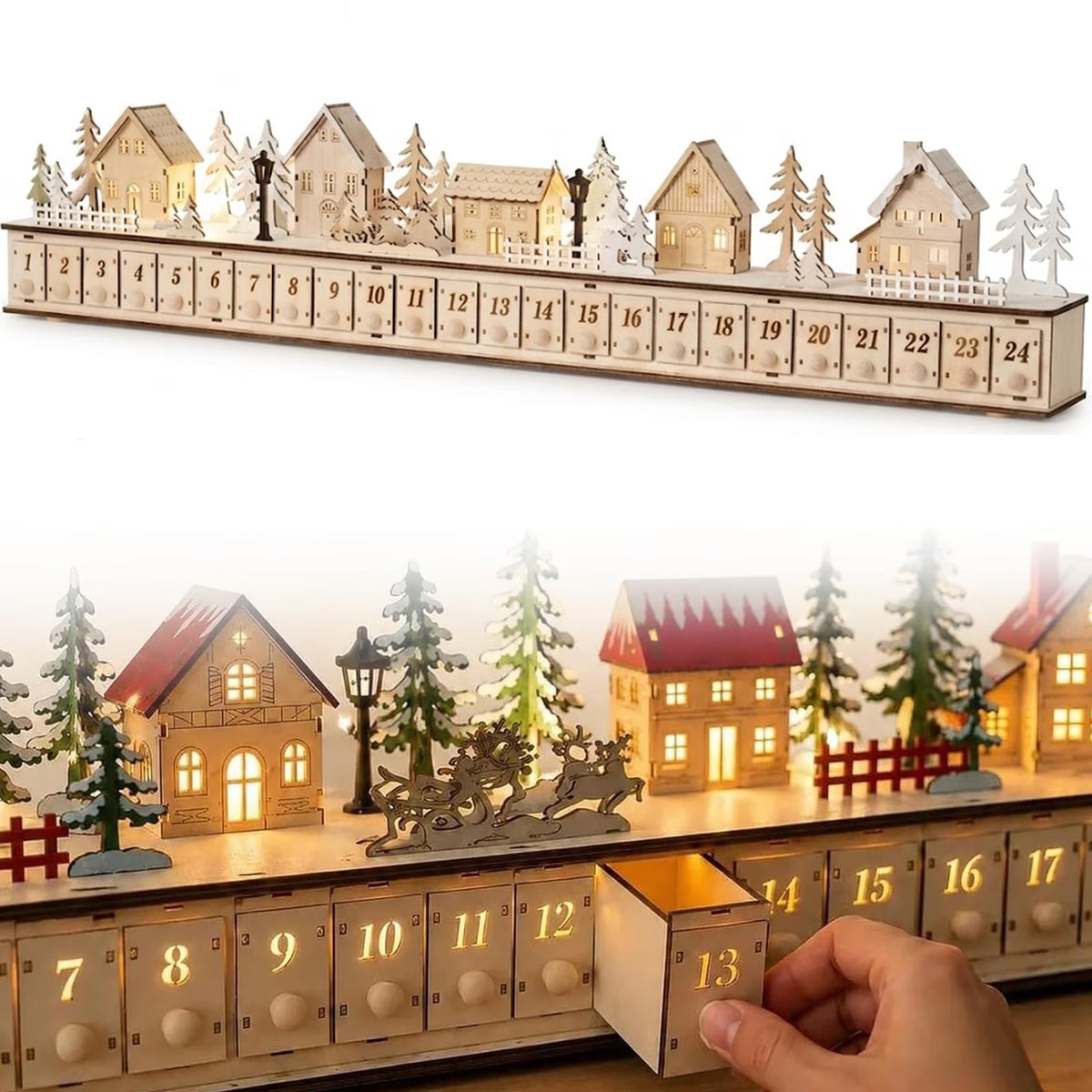 Light-Up Wooden Christmas Village Advent Calendar with 24 Fillable Drawers, LED Holiday Countdown Decoration for Family Holiday Decor