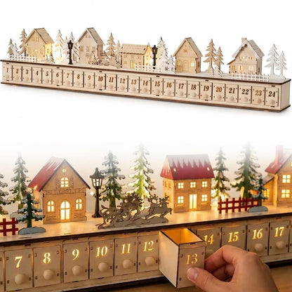 Light-Up Wooden Christmas Village Advent Calendar with 24 Fillable Drawers, LED Holiday Countdown Decoration for Family Holiday Decor
