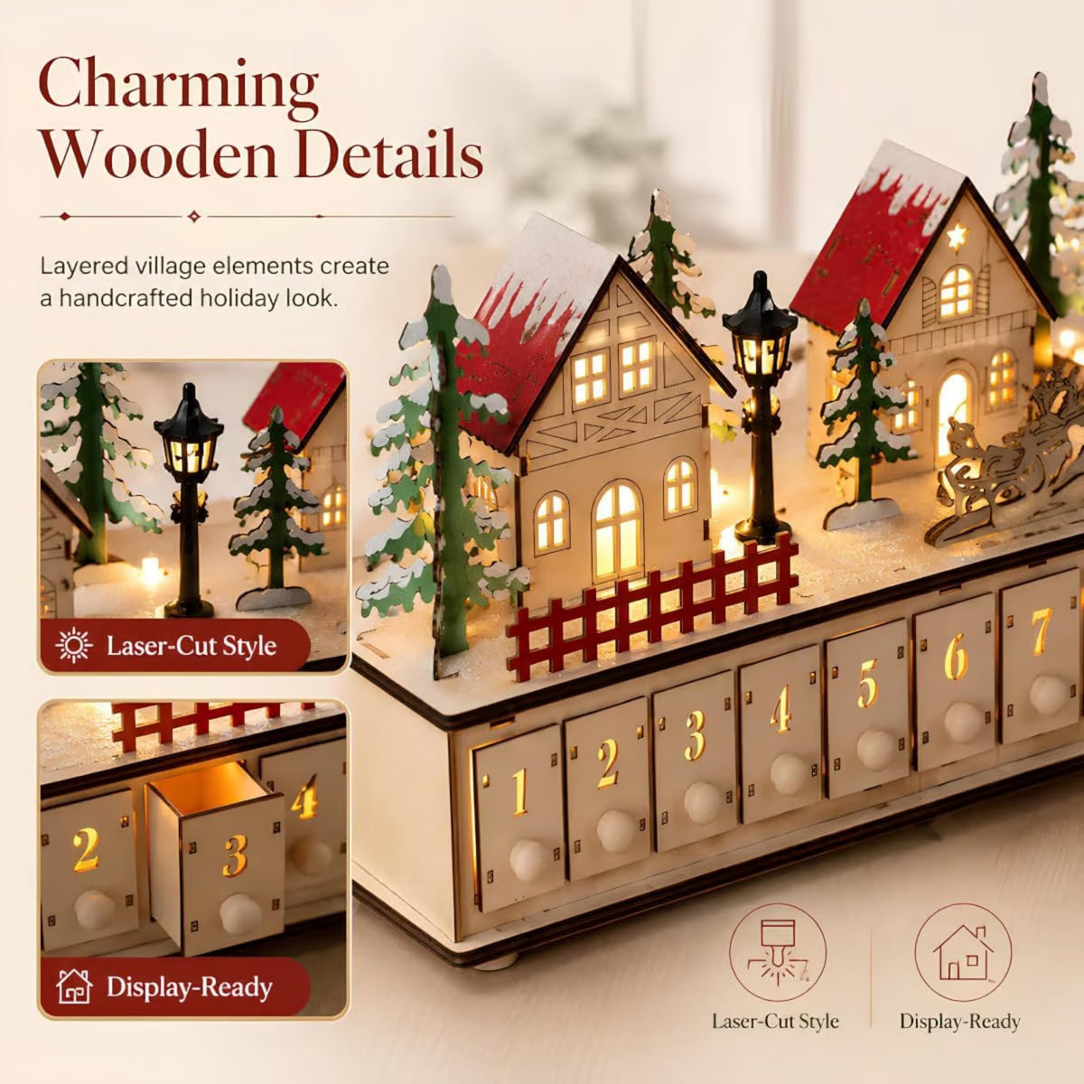 Light-Up Wooden Christmas Village Advent Calendar with 24 Fillable Drawers, LED Holiday Countdown Decoration for Family Holiday Decor