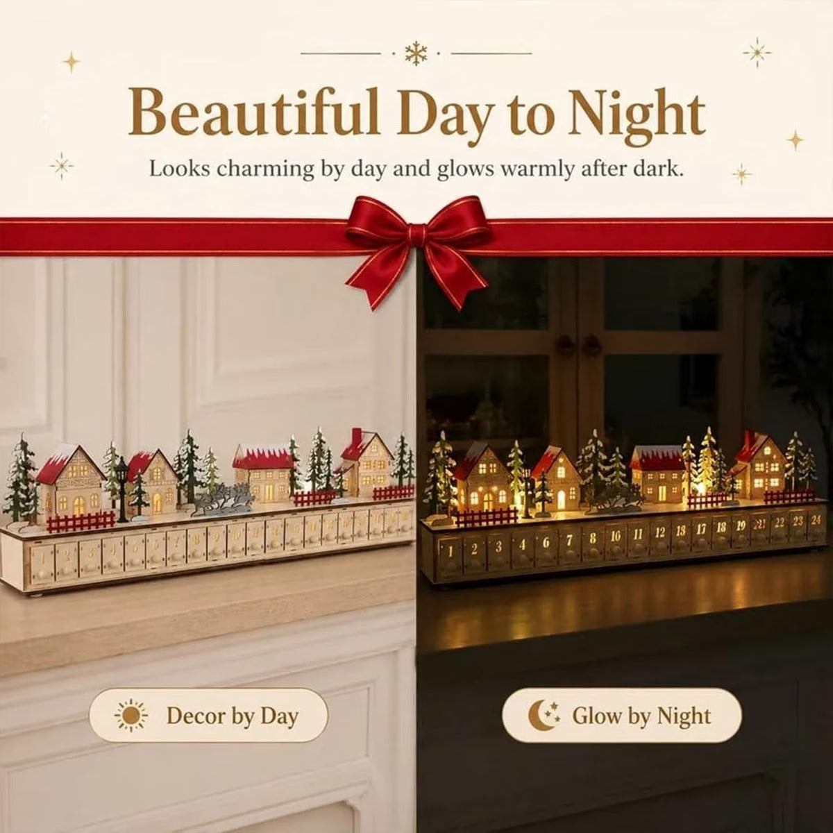 Light-Up Wooden Christmas Village Advent Calendar with 24 Fillable Drawers, LED Holiday Countdown Decoration for Family Holiday Decor