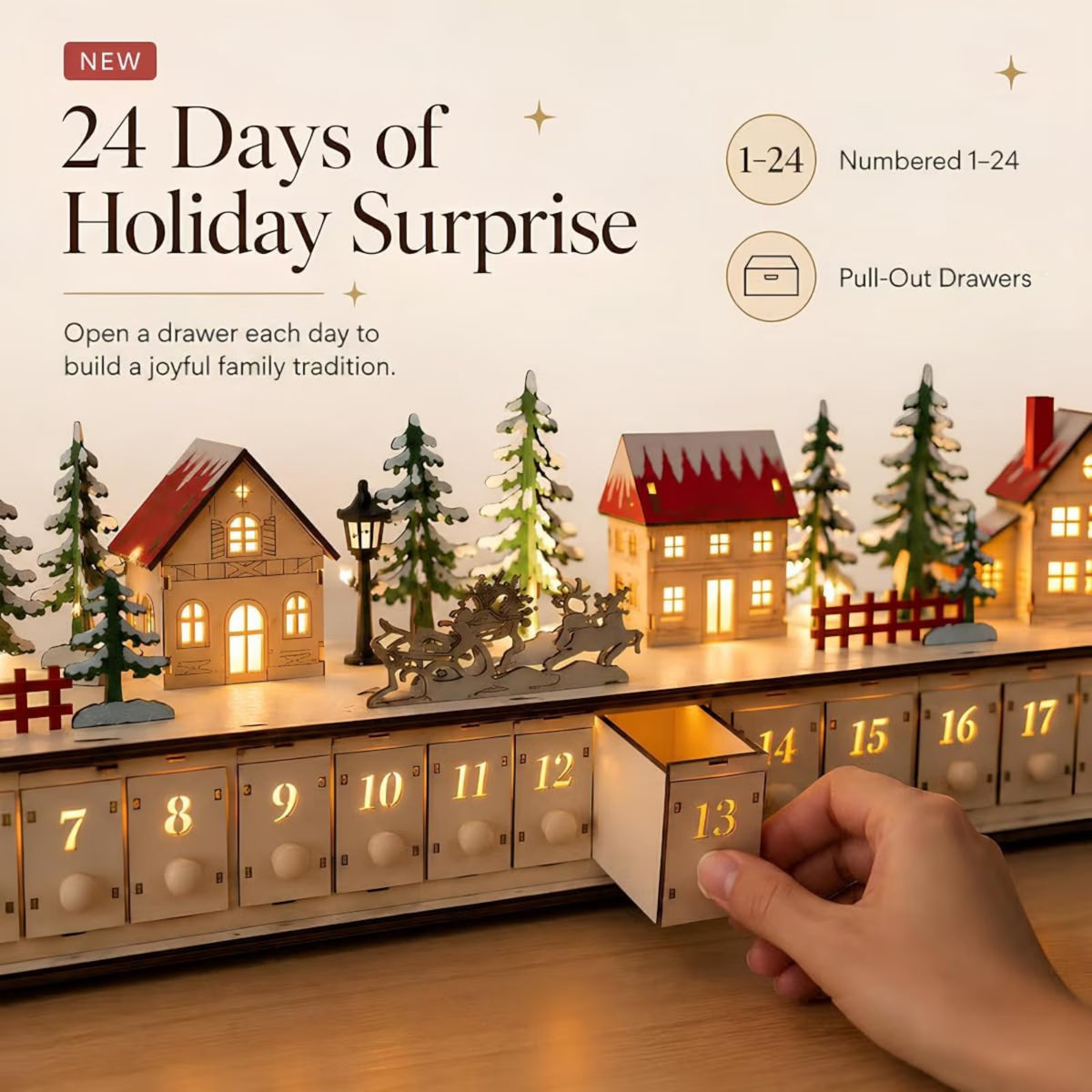 Light-Up Wooden Christmas Village Advent Calendar with 24 Fillable Drawers, LED Holiday Countdown Decoration for Family Holiday Decor