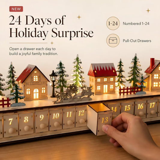Light-Up Wooden Christmas Village Advent Calendar with 24 Fillable Drawers, LED Holiday Countdown Decoration for Family Holiday Decor