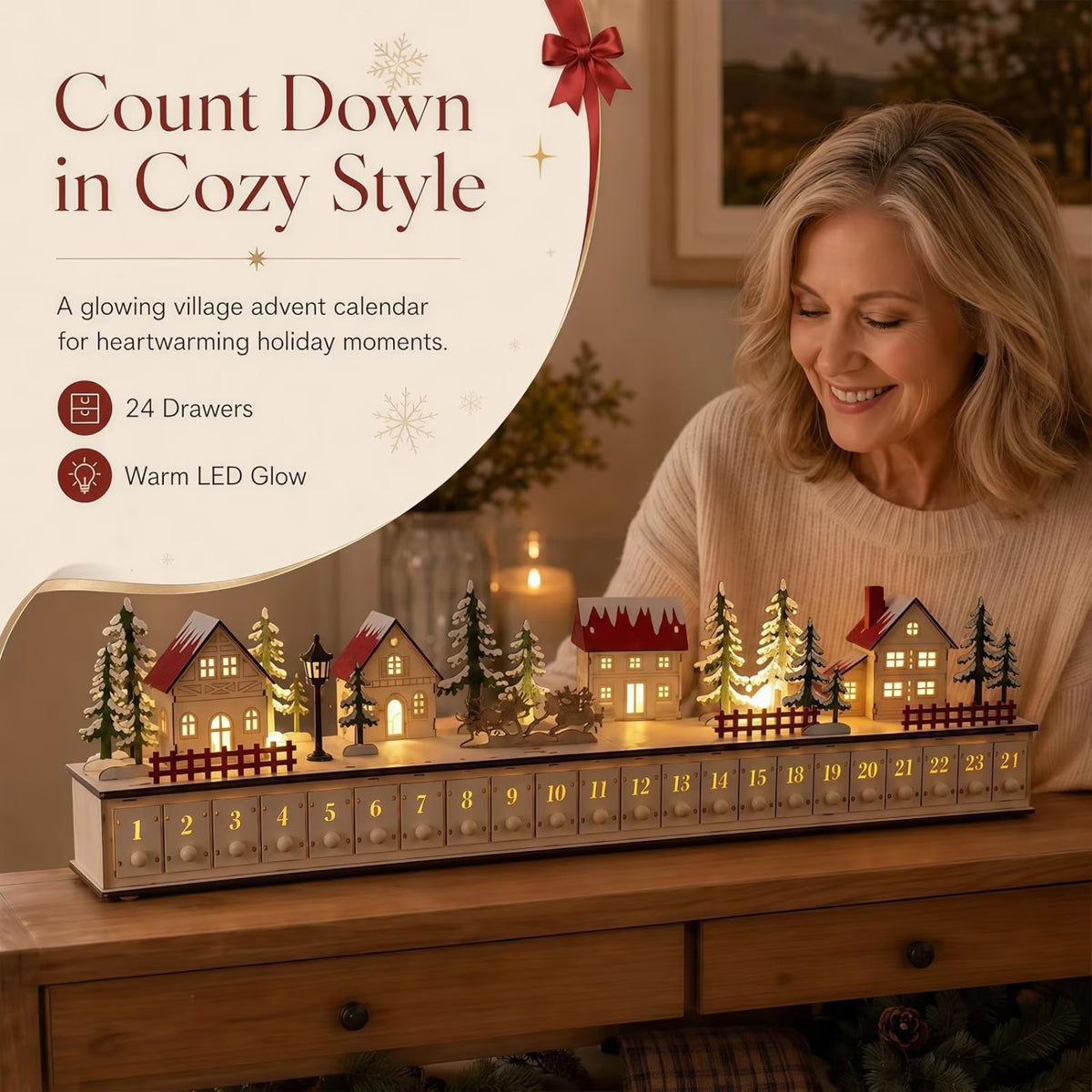 Light-Up Wooden Christmas Village Advent Calendar with 24 Fillable Drawers, LED Holiday Countdown Decoration for Family Holiday Decor