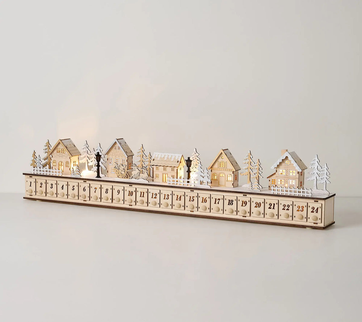 Light-Up Wooden Christmas Village Advent Calendar with 24 Fillable Drawers, LED Holiday Countdown Decoration for Family Holiday Decor