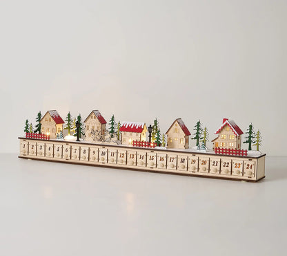 Light-Up Wooden Christmas Village Advent Calendar with 24 Fillable Drawers, LED Holiday Countdown Decoration for Family Holiday Decor