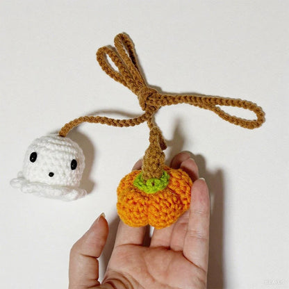 🎃👻Crochet Halloween Car Accessories - Handmade Ghost & Pumpkin Hanging Ornament for Rear View Mirror