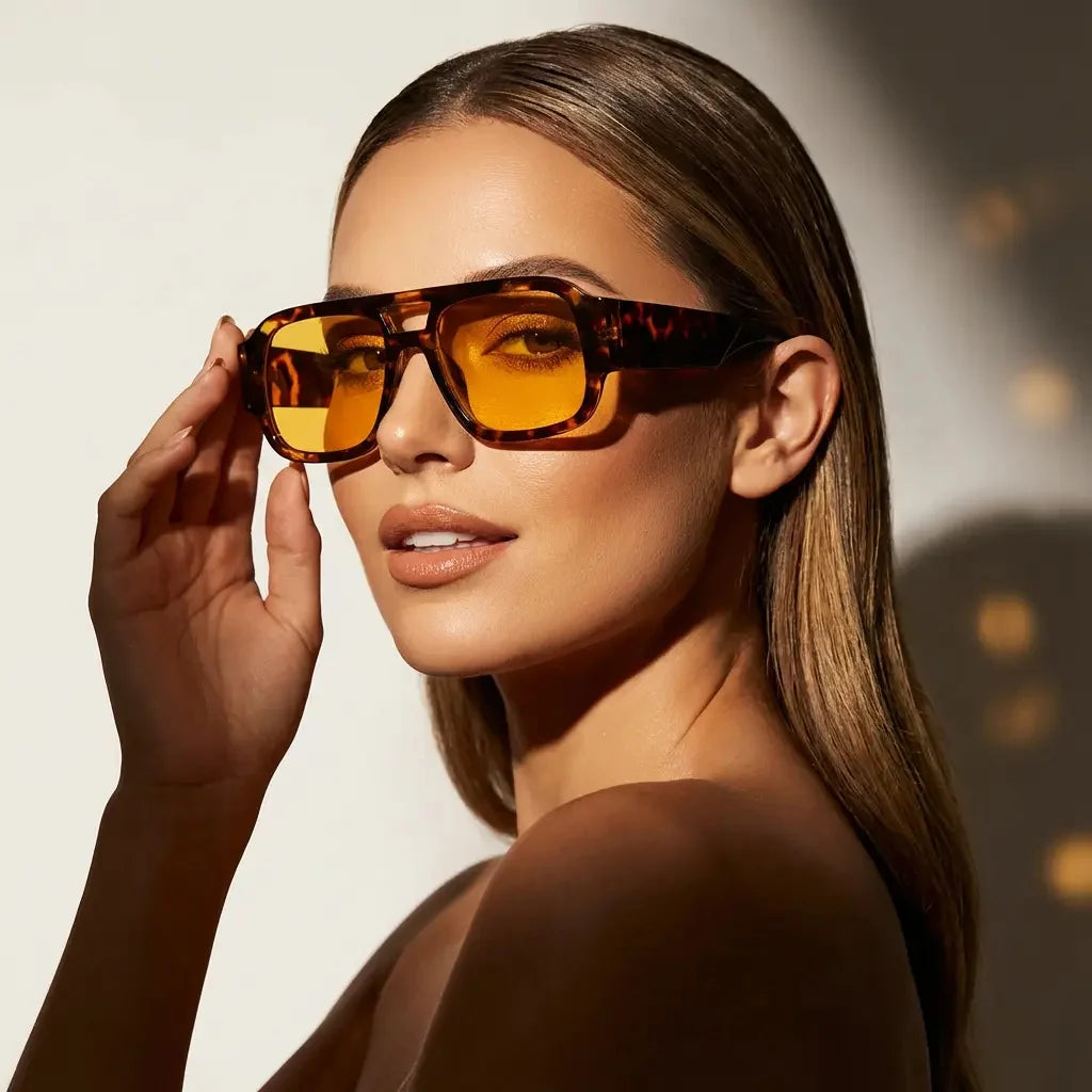 Woman wearing tortoise rectangular aviator sunglasses