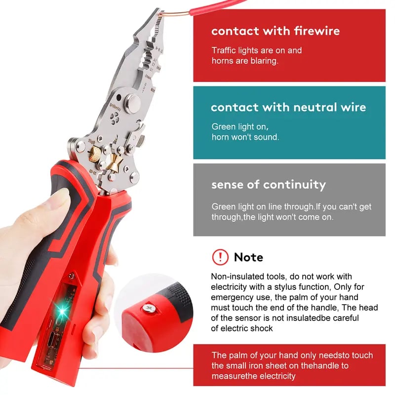 16 in 1 Wire Stripper Twister for Cutting and Pulling Wires,Cable Scissors,Voltage Tester Pliers, 30V to 220V Live,Null,Hot Wire Judgment AC DC, Audible and Flashing LED Alarms