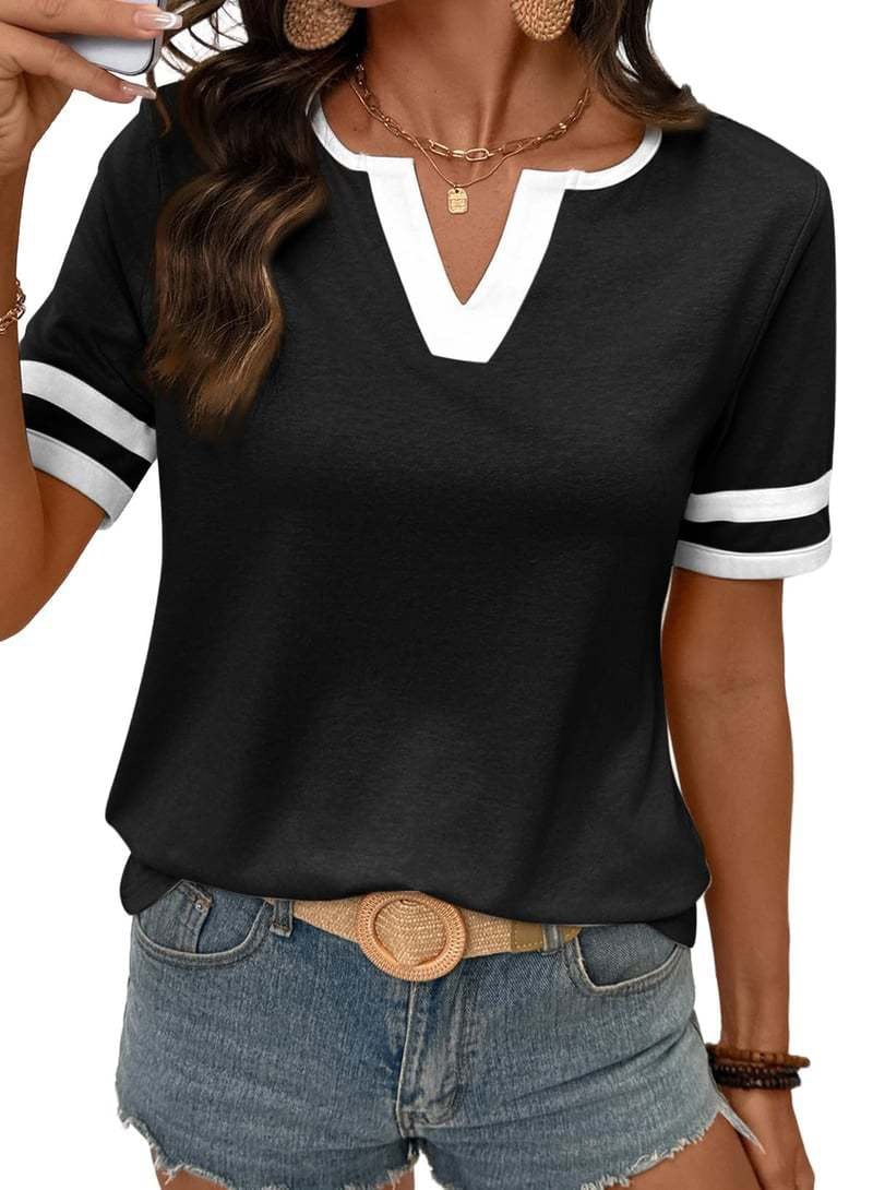 2026 Spring/Summer Women's Casual Colorblock V-Neck T-Shirt - White with Black Trim, Short Sleeve Loose Fit Top with Striped Cuffs, Breathable Cotton Blend