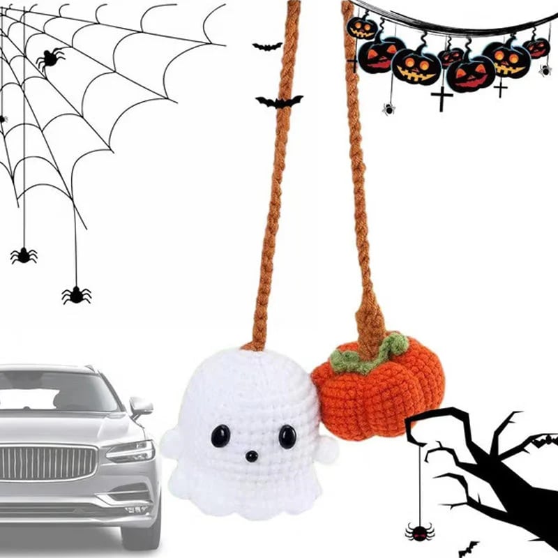 🎃👻Crochet Halloween Car Accessories - Handmade Ghost & Pumpkin Hanging Ornament for Rear View Mirror
