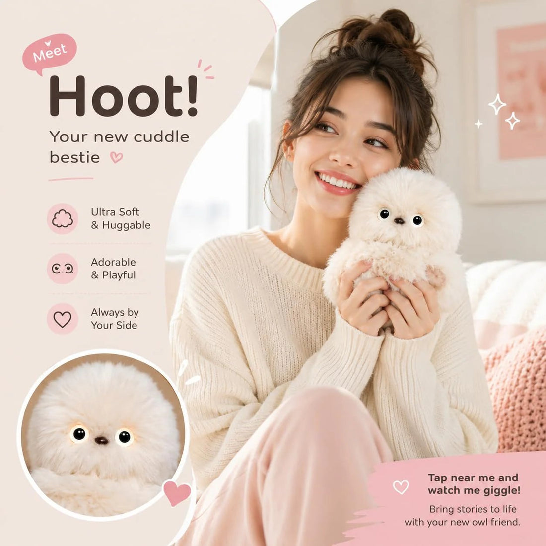Person holding a soft interactive plush companion
