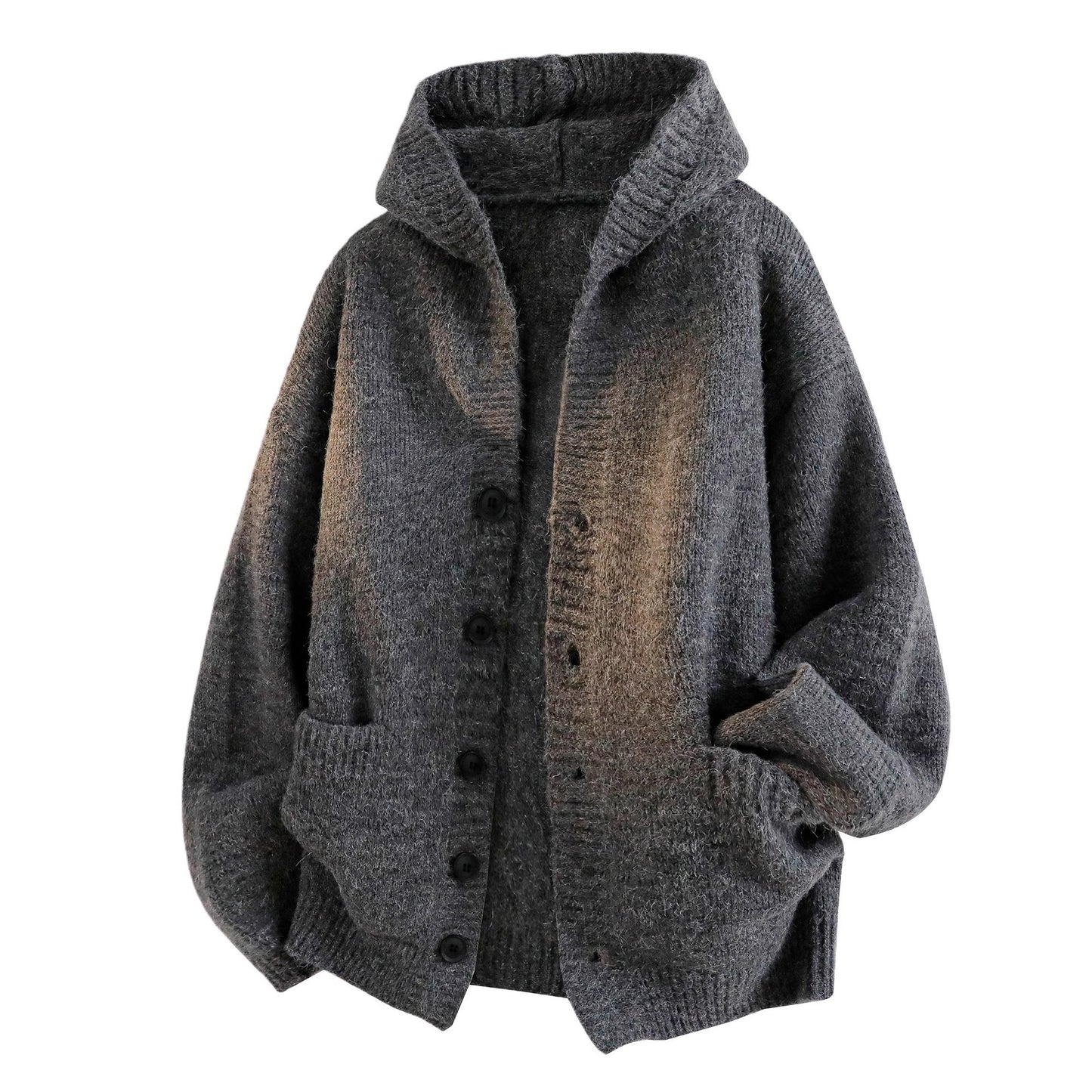 Charcoal hooded knit cardigan with button front and pockets