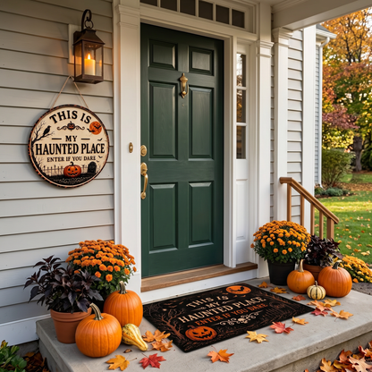 "This Is My Haunted Place" Fun Halloween 2-Piece,Round Hanging Sign & Cute Spooky Doormat