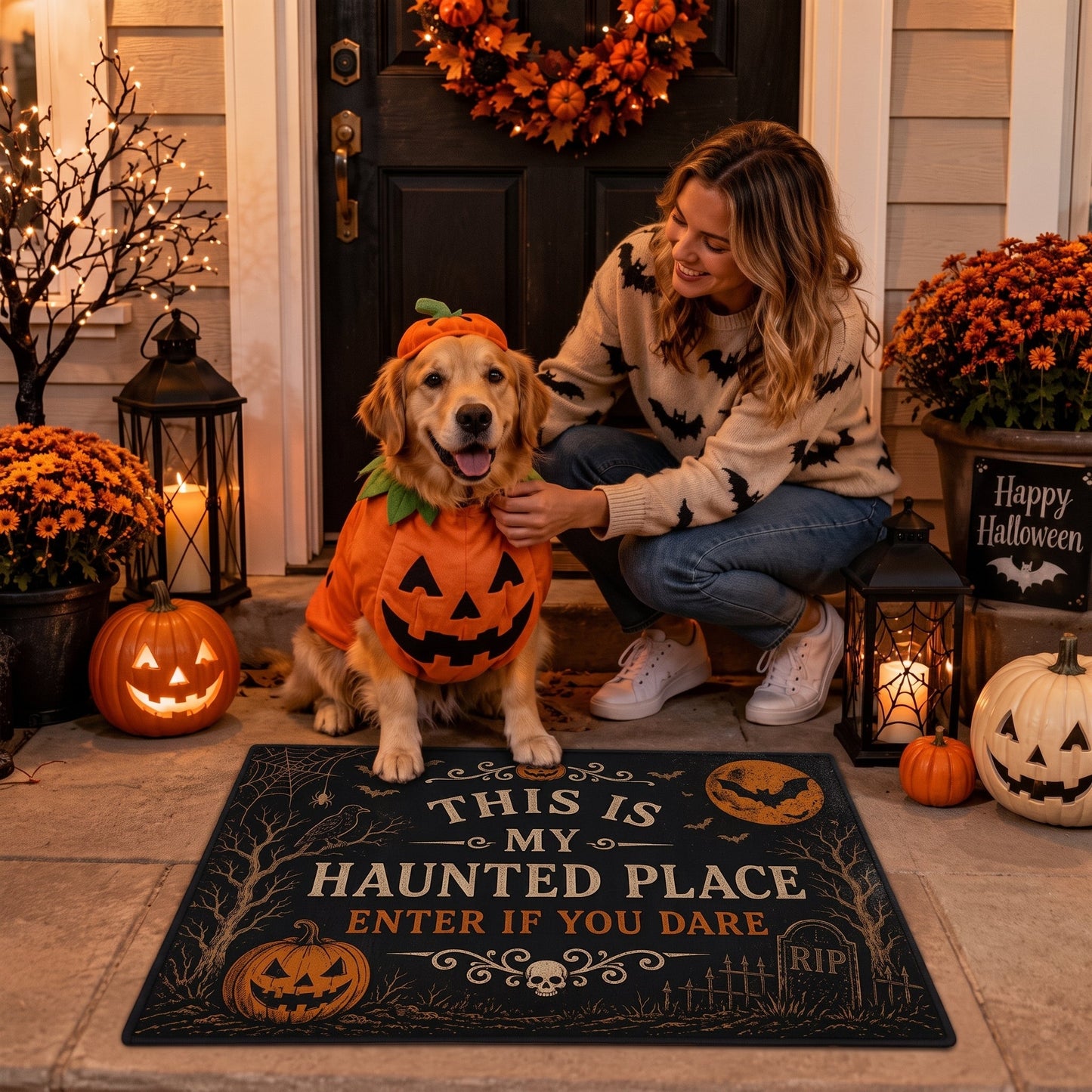"This Is My Haunted Place" Fun Halloween 2-Piece,Round Hanging Sign & Cute Spooky Doormat