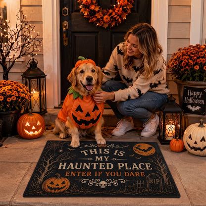 "This Is My Haunted Place" Fun Halloween 2-Piece,Round Hanging Sign & Cute Spooky Doormat