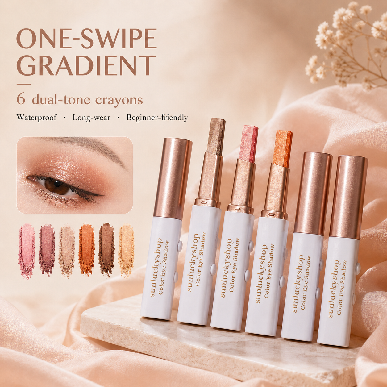 Six sunluckyshop dual-tone eyeshadow crayons in coordinated shades