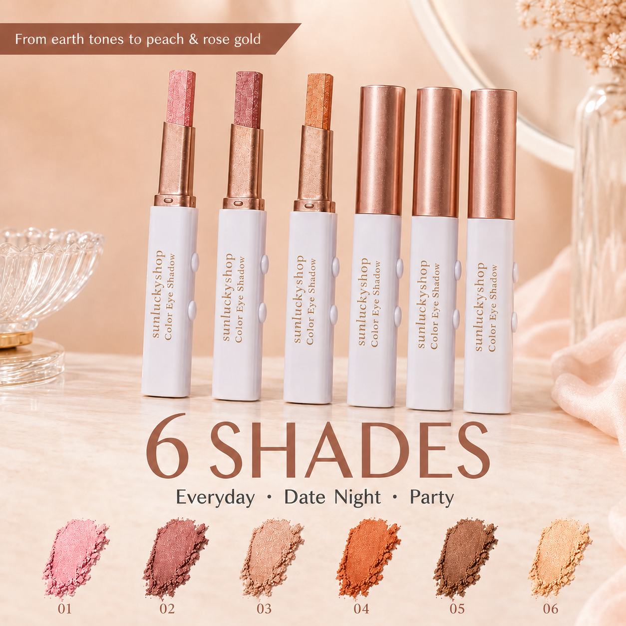 Six sunluckyshop dual-tone eyeshadow shades displayed together