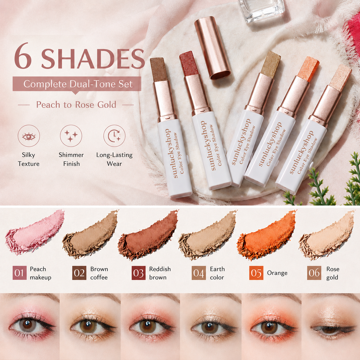 Six available sunluckyshop dual-tone eyeshadow shades